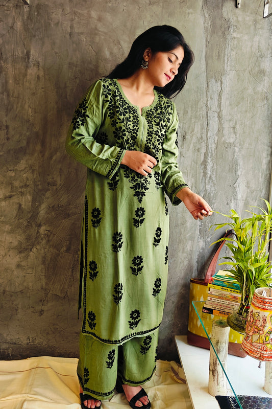 Olive Green Chikankari Black Rose