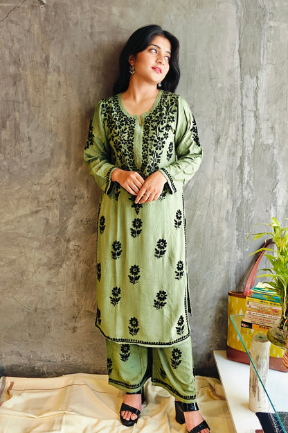 Olive Green Chikankari Black Rose