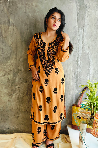 Mustard Chikankari Black Rose