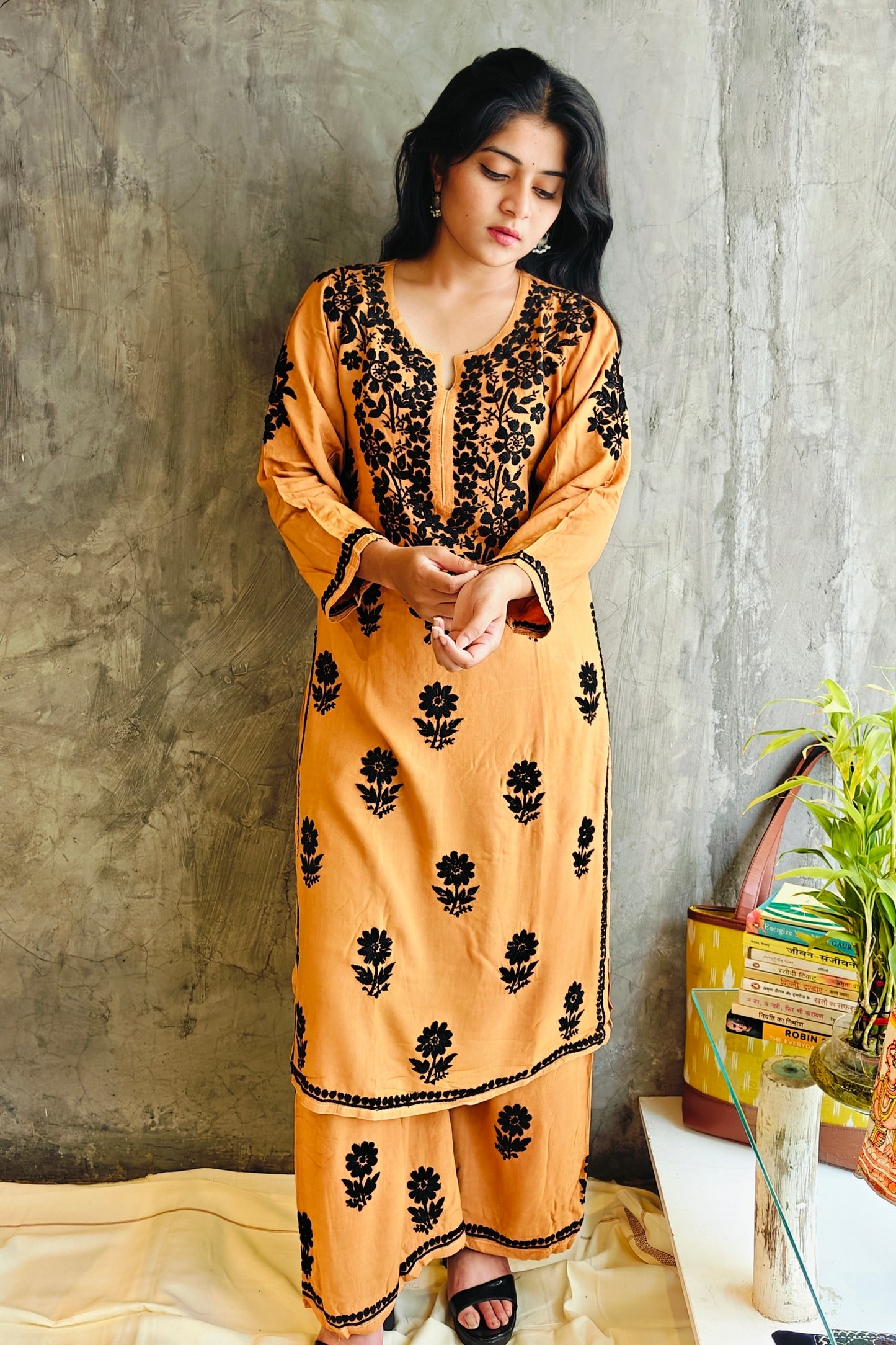 Mustard Chikankari Black Rose
