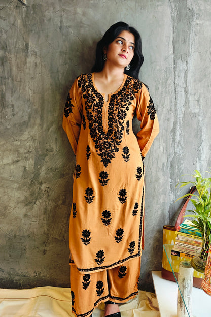 Mustard Chikankari Black Rose
