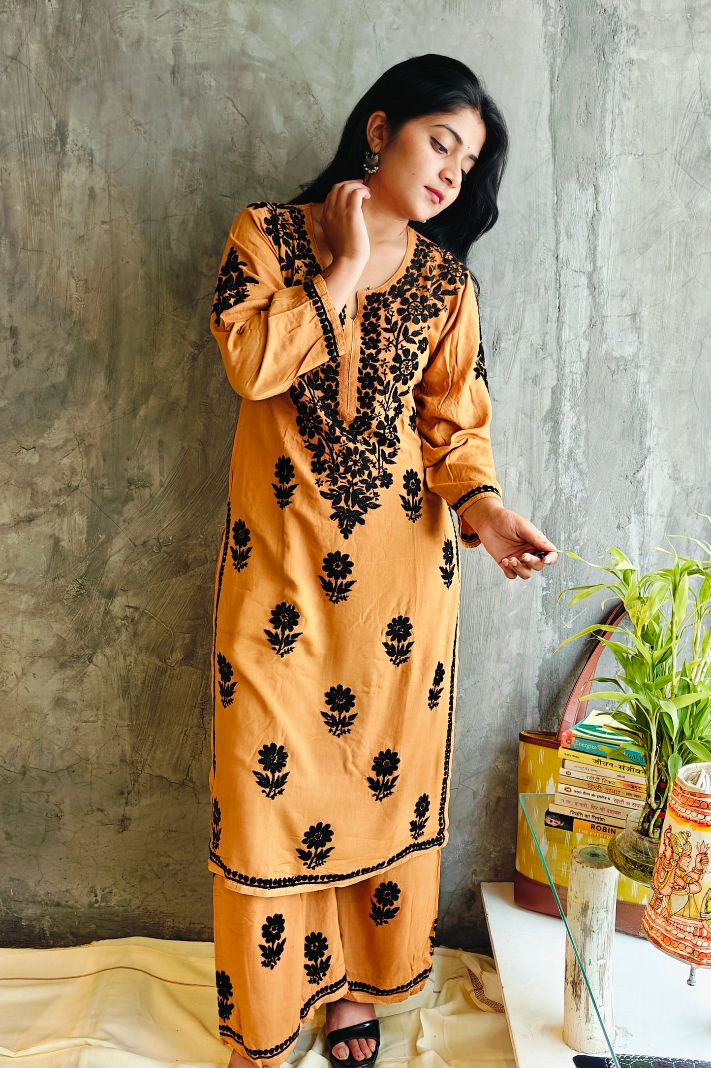 Mustard Chikankari Black Rose