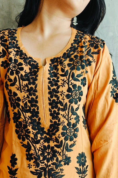 Mustard Chikankari Black Rose