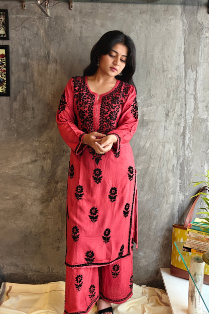 Maroon Pink Chikankari Black Rose