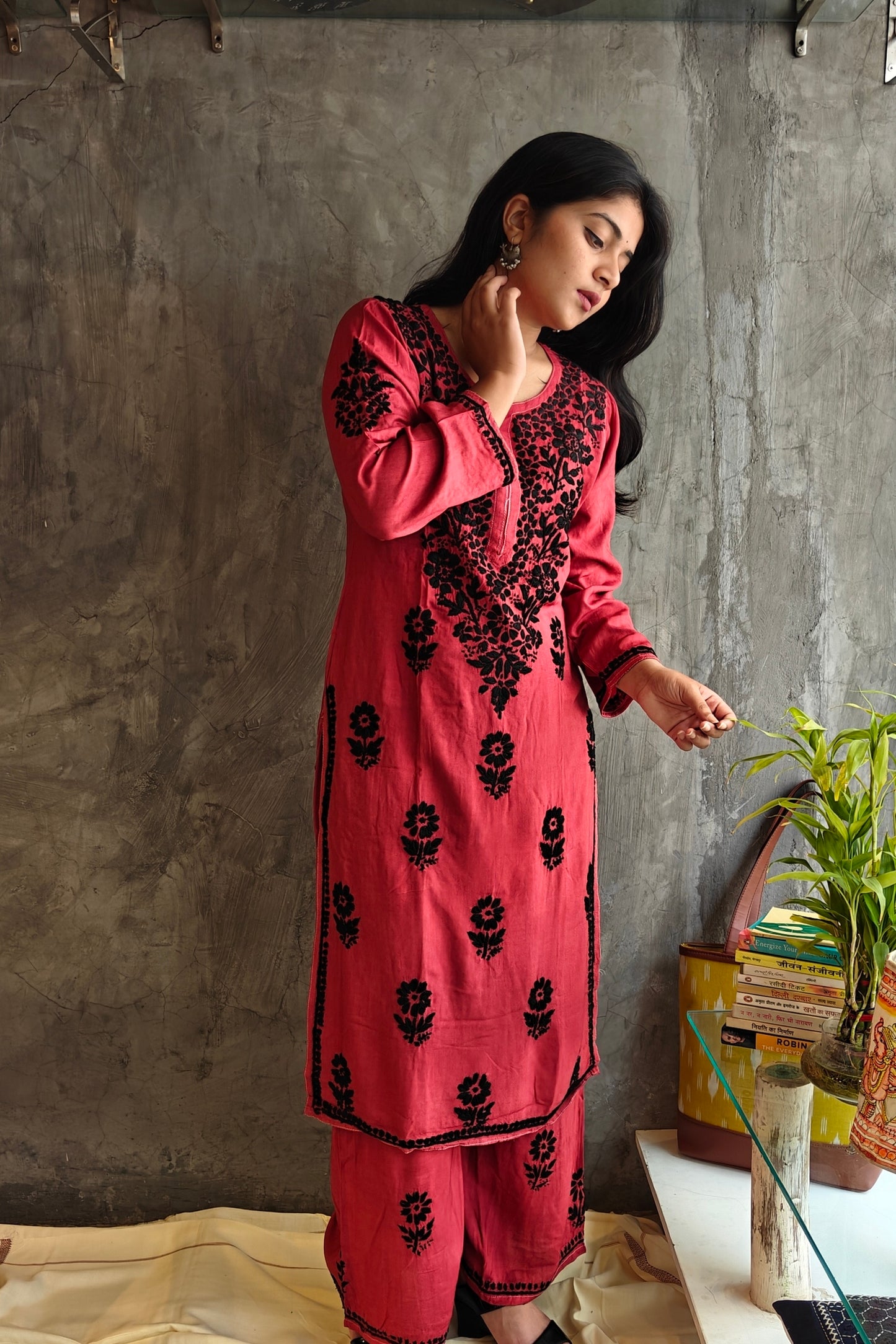 Maroon Pink Chikankari Black Rose