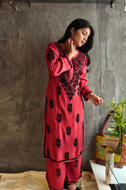 Maroon Pink Chikankari Black Rose