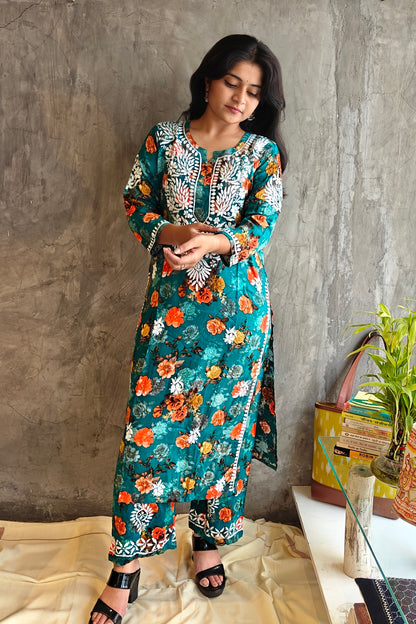 Turquoise blue Orange Floral Long Co-ord Set