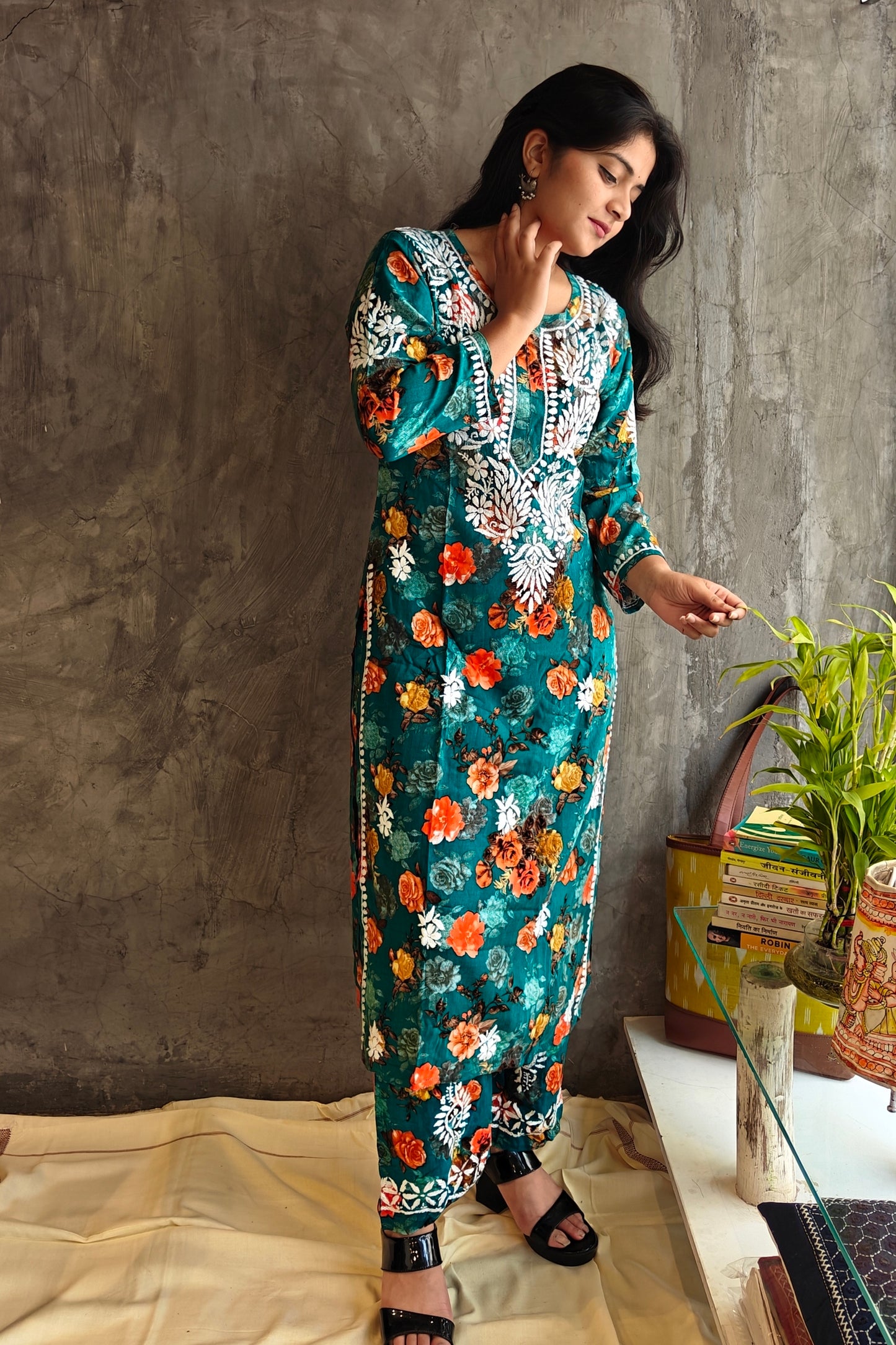 Turquoise blue Orange Floral Long Co-ord Set