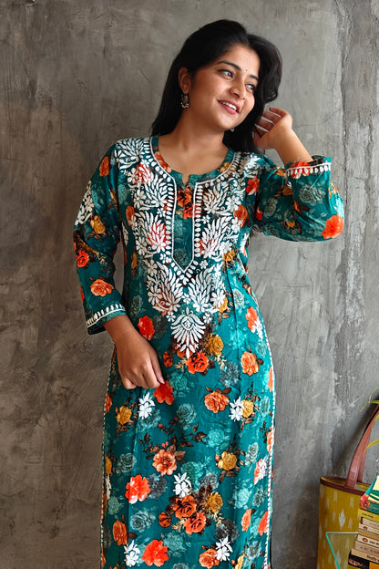 Turquoise blue Orange Floral Long Co-ord Set