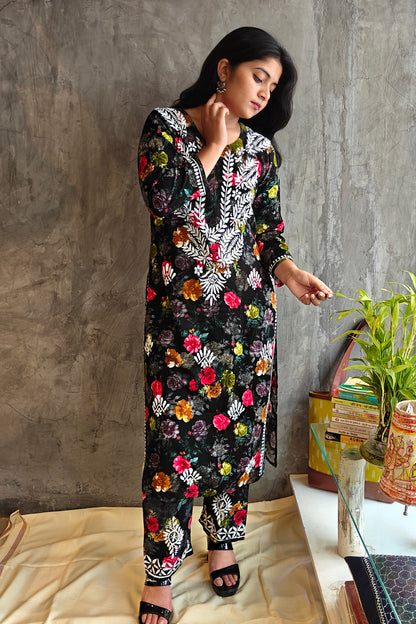 Black Pink-Yellow Floral Long Co-ord Set