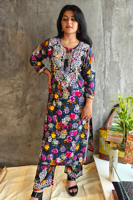 Blue Pink-Yellow Floral Long Co-ord Set