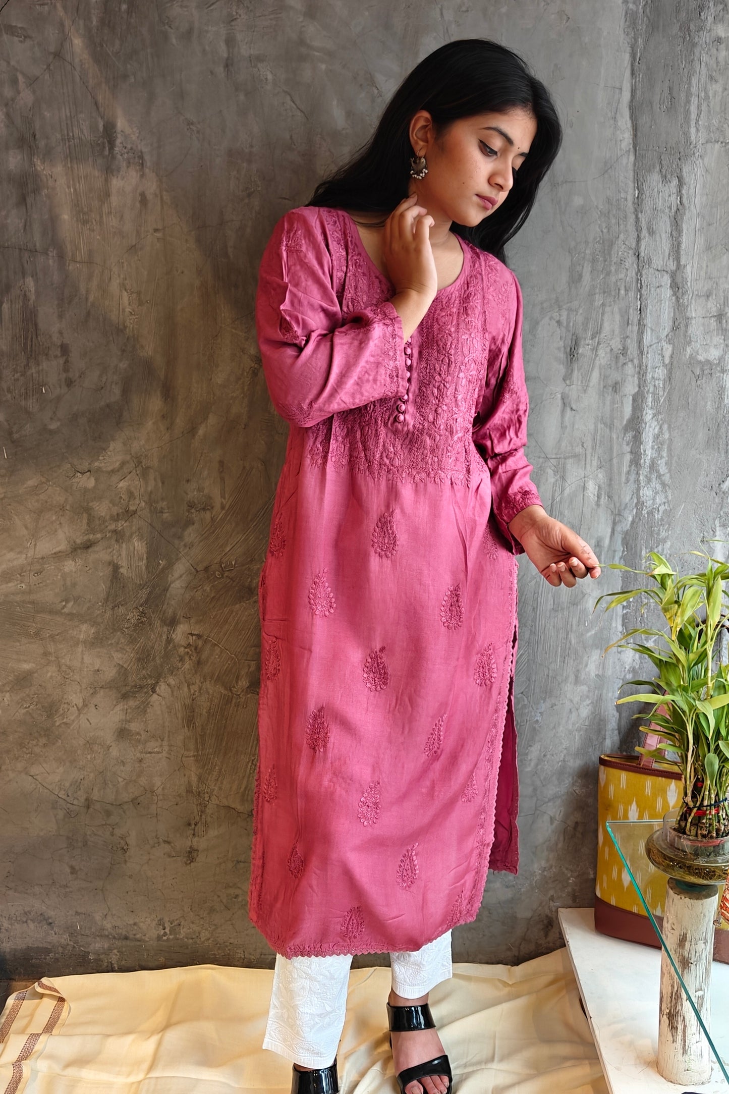 Old Rose Pink Pure Silk Long Kurti