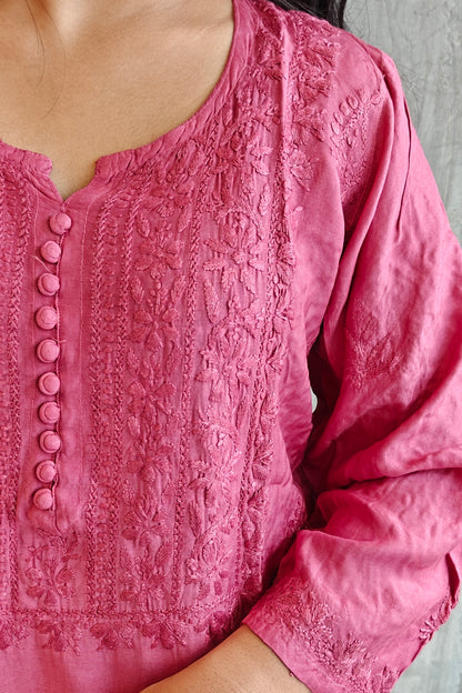 Old Rose Pink Pure Silk Long Kurti