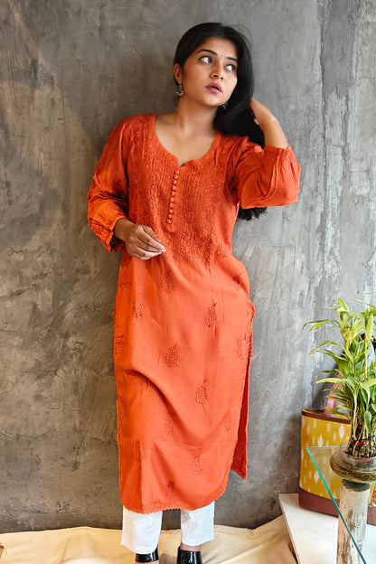 Rust Pure Silk long Kurti
