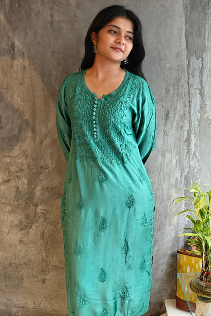 Teal Green Pure Silk Long Kurti
