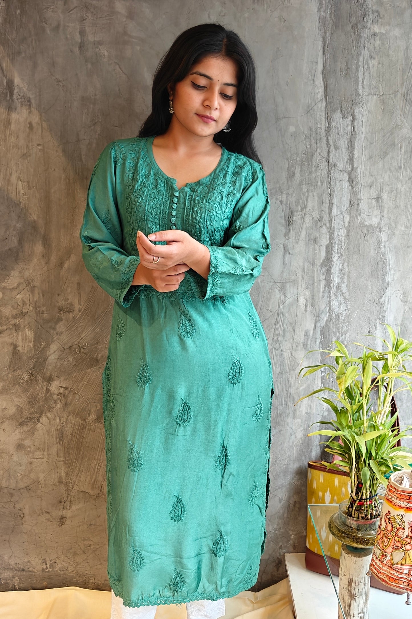 Teal Green Pure Silk Long Kurti