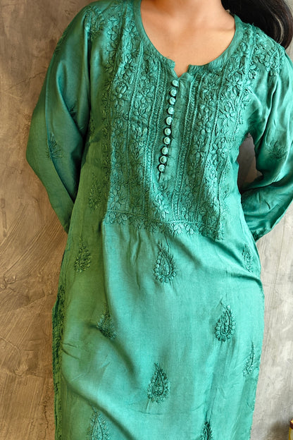 Teal Green Pure Silk Long Kurti
