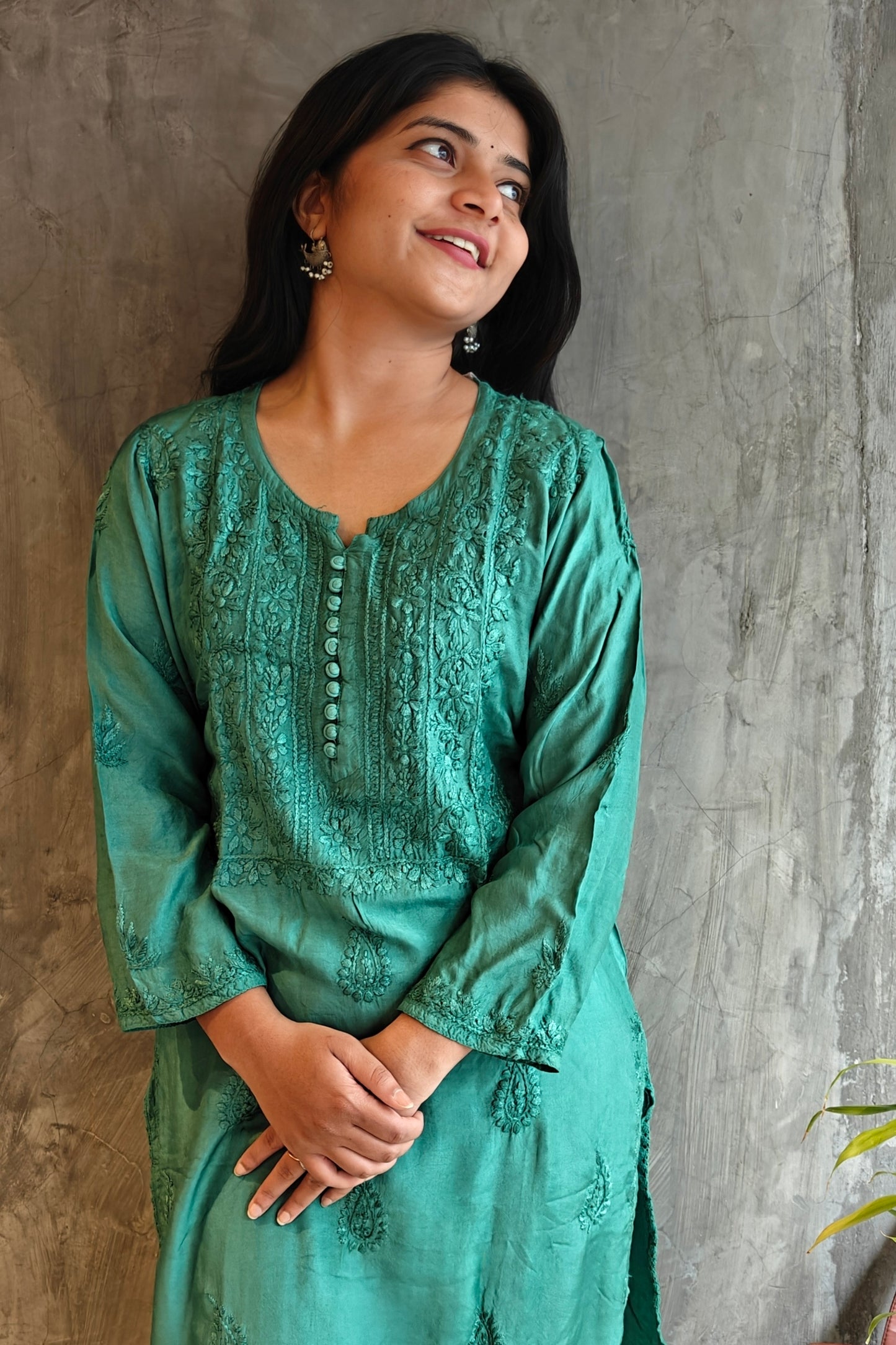 Teal Green Pure Silk Long Kurti