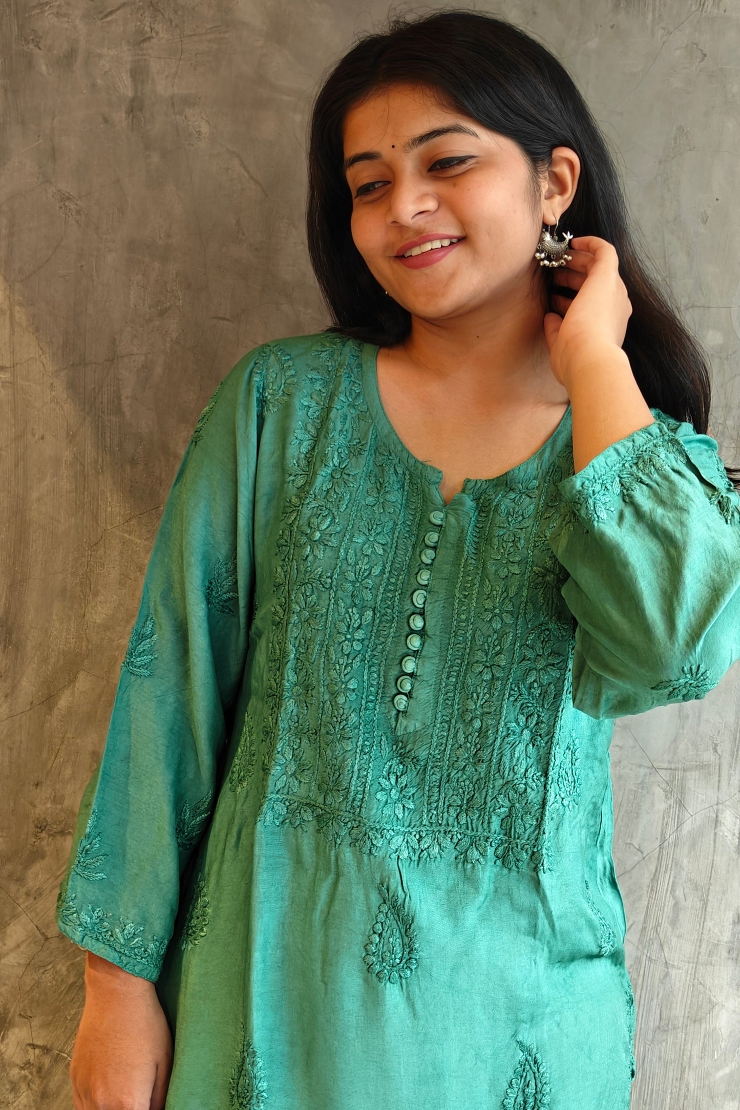 Teal Green Pure Silk Long Kurti