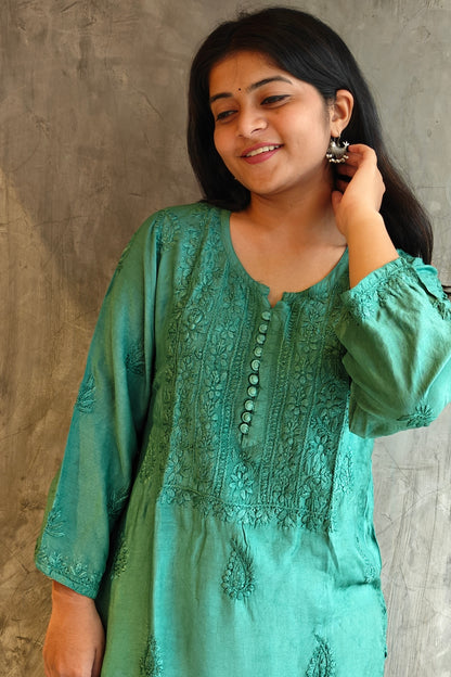 Teal Green Pure Silk Long Kurti