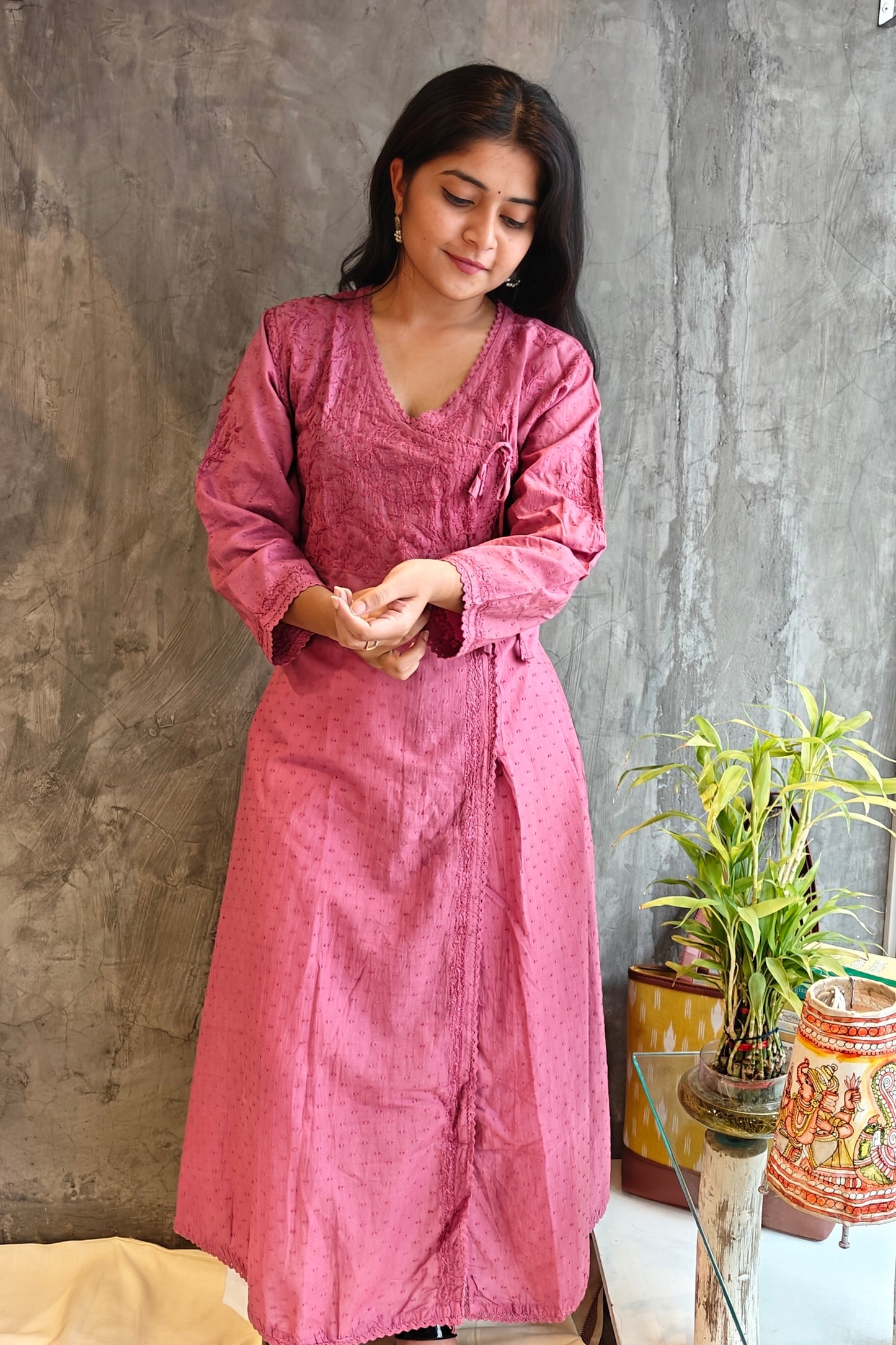 Old Pink A-Line Chikankari Kurta - Loomkar Raipur Handloom