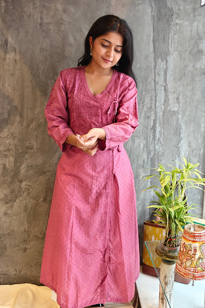 Old Pink A-Line Chikankari Kurta - Loomkar Raipur Handloom