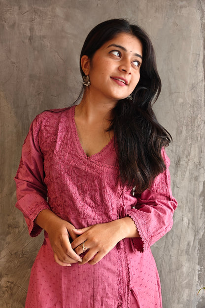Old Pink A-Line Chikankari Kurta - Loomkar Raipur Handloom