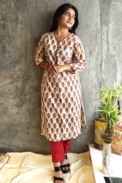 Beige Rust Butta Bagru Block Print Kurti
