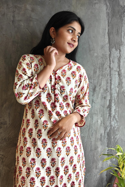 Beige Rust Butta Bagru Block Print Kurti