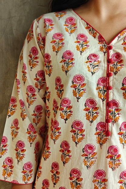Beige Rust Butta Bagru Block Print Kurti