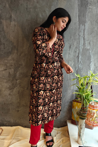 Black Floral Bagru Block Print Kurti