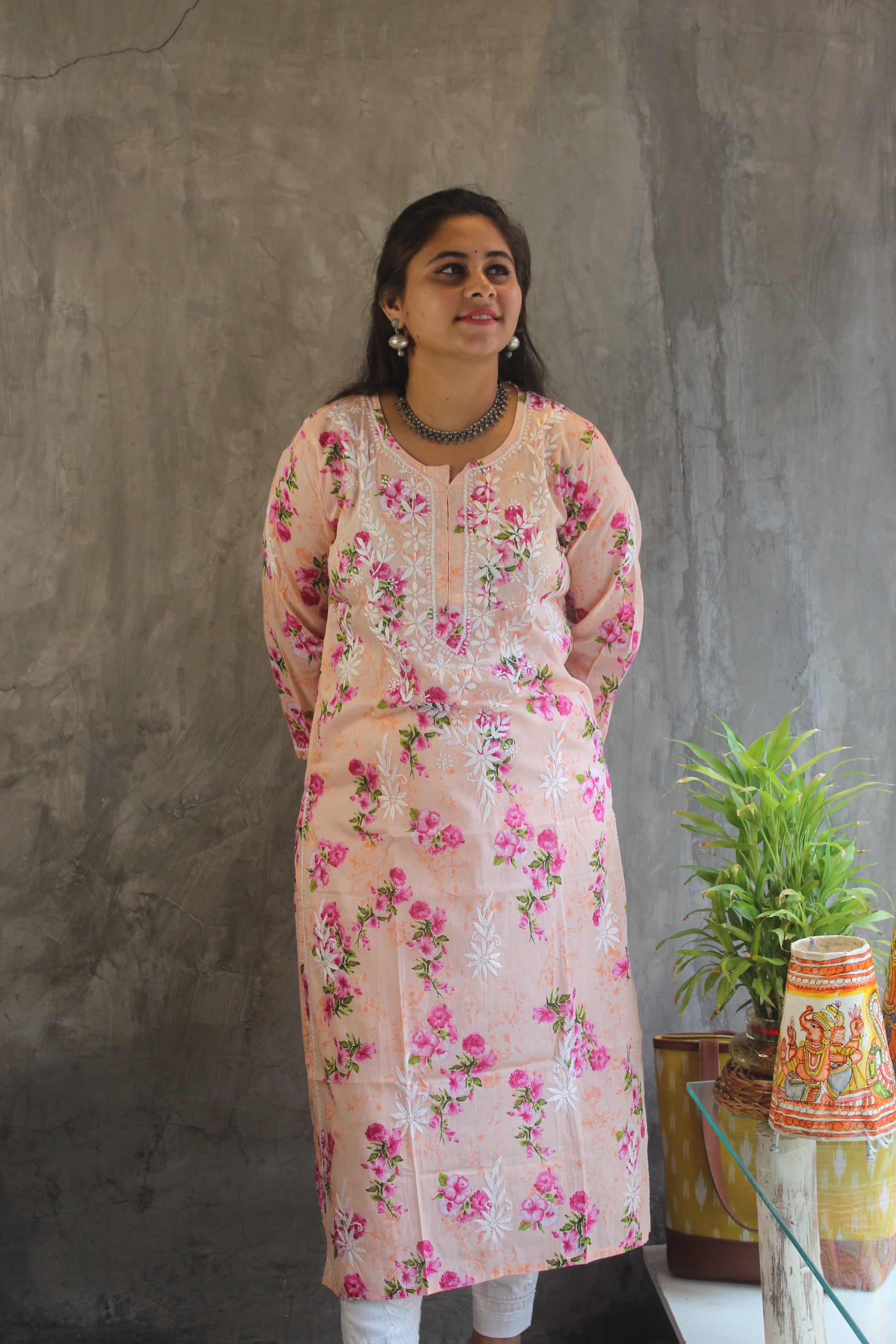 Elegant straight fit peach Chikankari kurti by Loomkar - premium cotton  