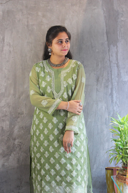 Olive Green Georgette long chikankari Kurti