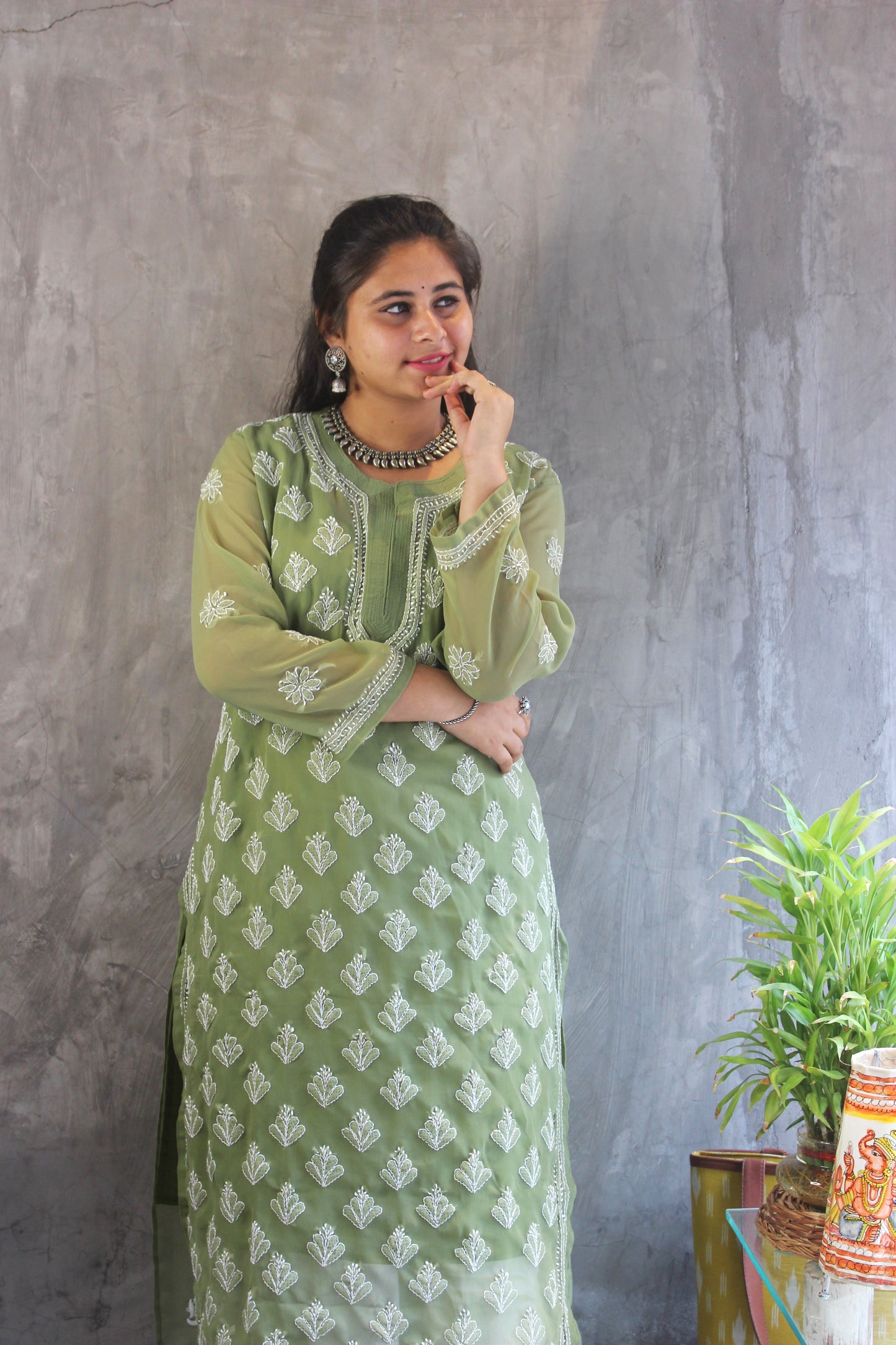 Olive Green Georgette long chikankari Kurti