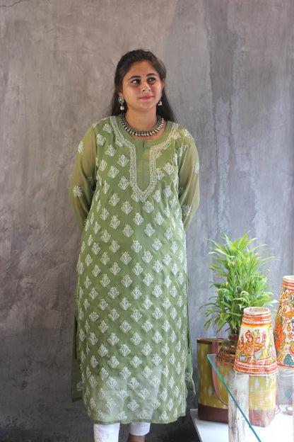 Olive Green Georgette long chikankari Kurti