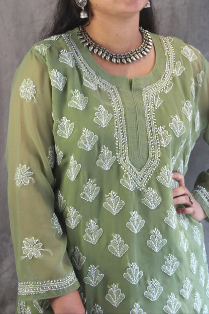 Olive Green Georgette long chikankari Kurti