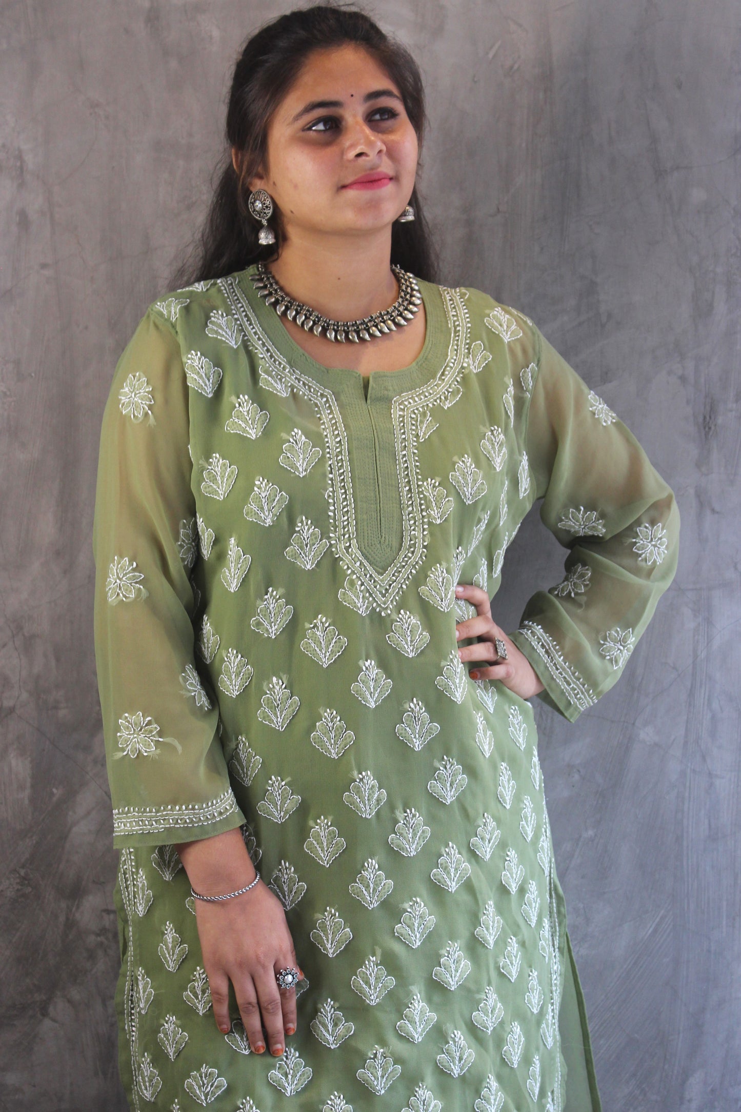 Olive Green Georgette long chikankari Kurti