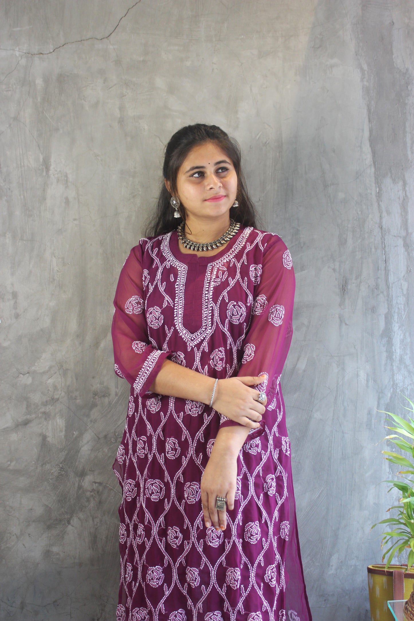 Wine Georgette long chikankari