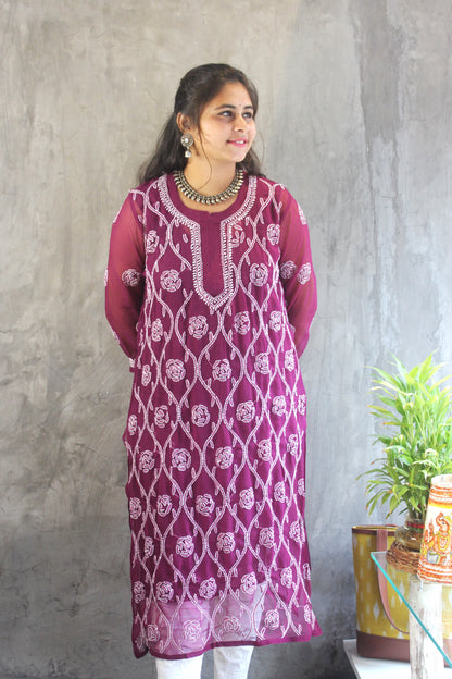 Wine Georgette long chikankari