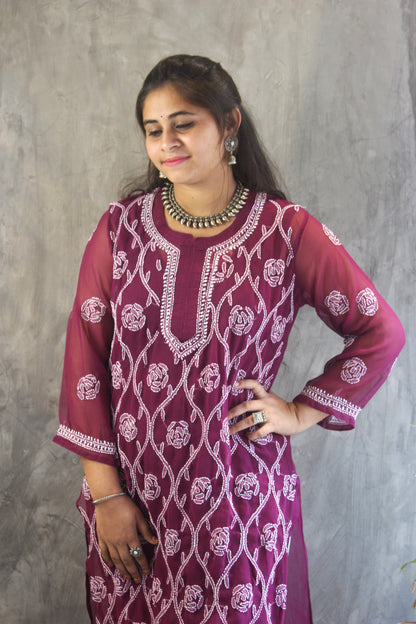 Wine Georgette long chikankari