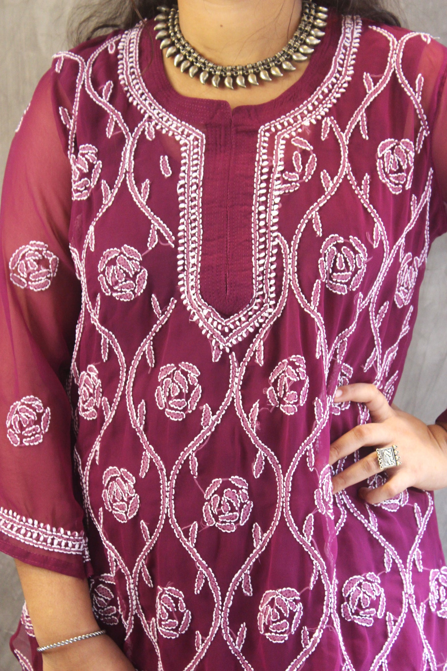 Wine Georgette long chikankari