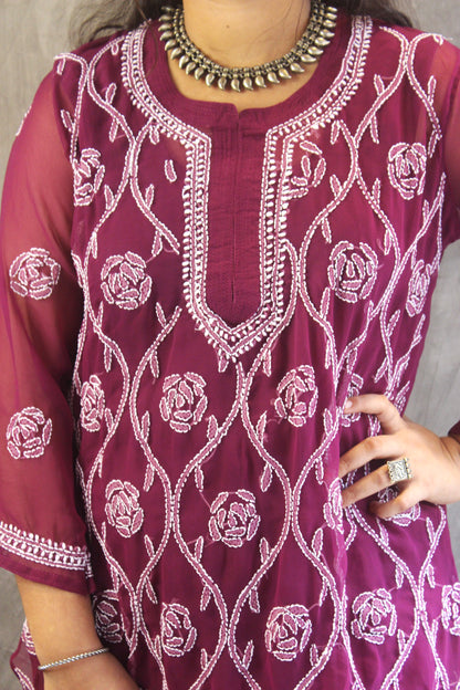Wine Georgette long chikankari