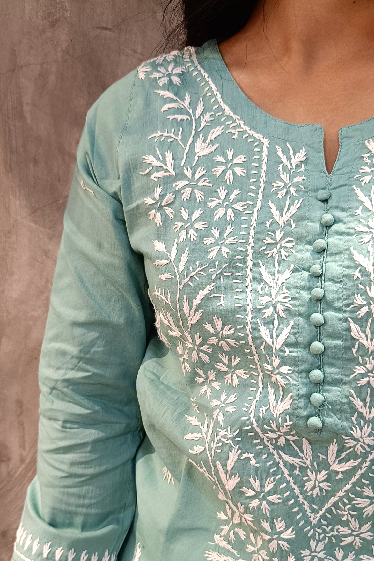 Soft Teal Cotton Chikankari Long Kurti