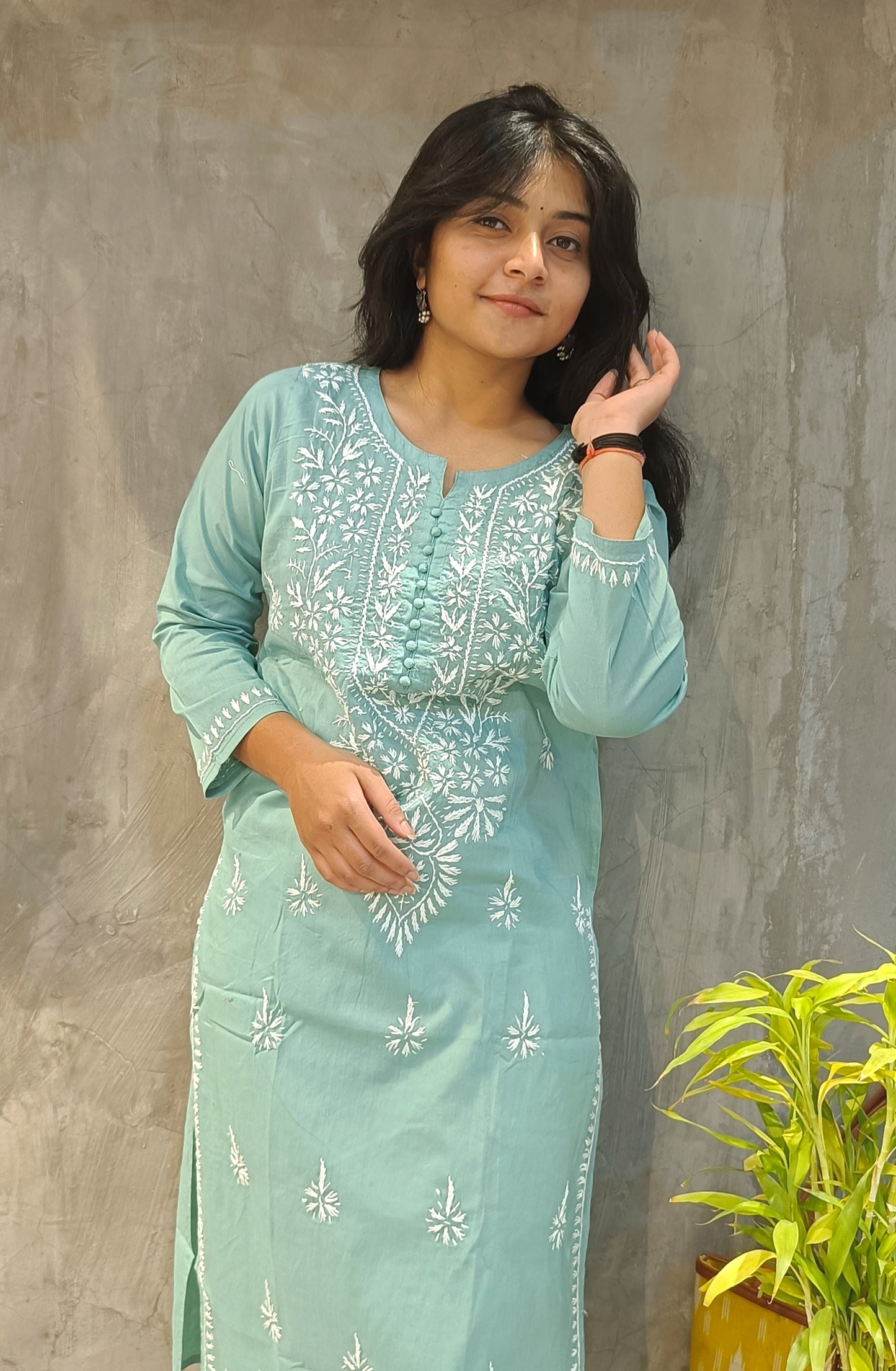Soft Teal Cotton Chikankari Long Kurti