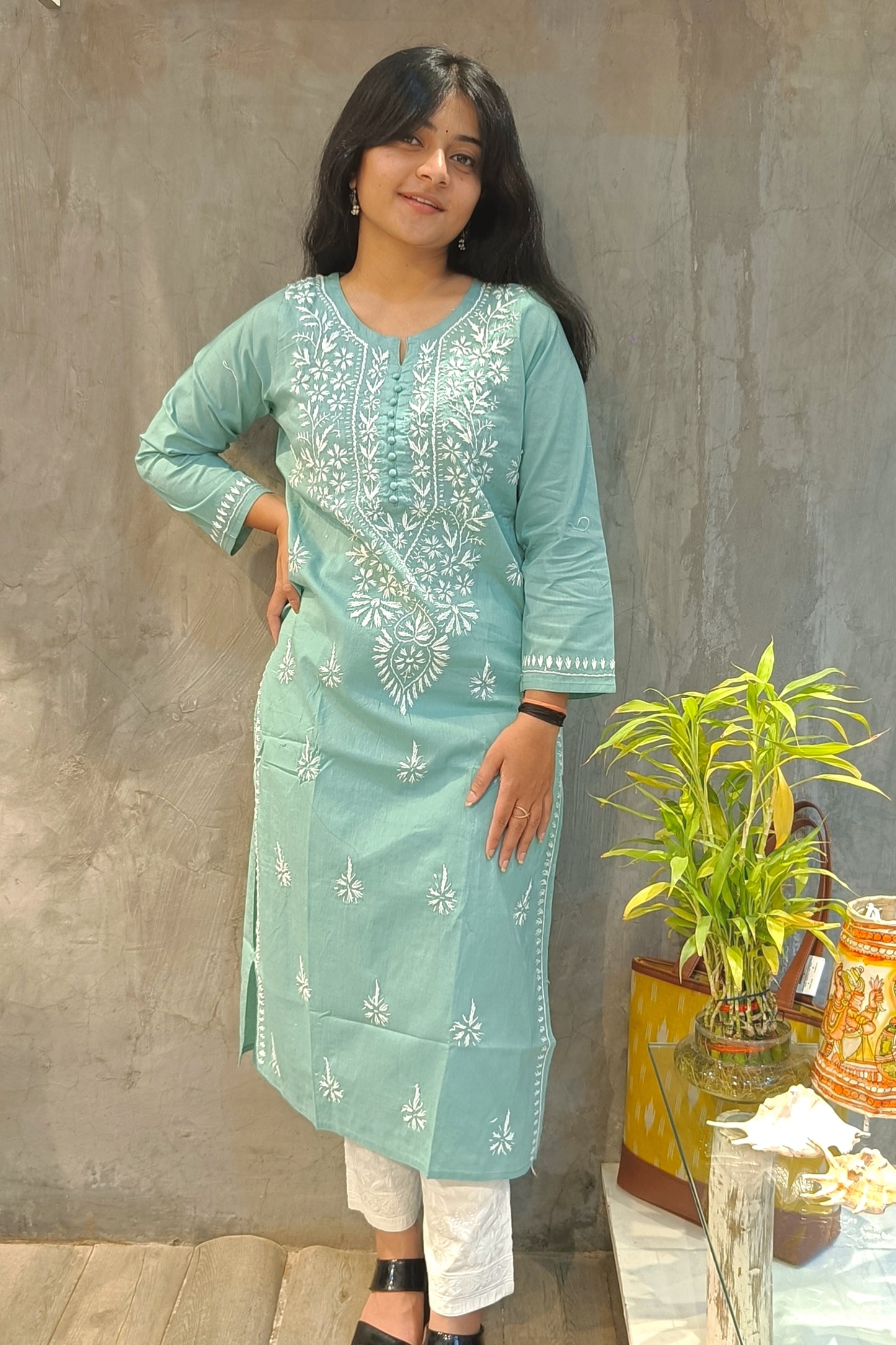 Soft Teal Cotton Chikankari Long Kurti