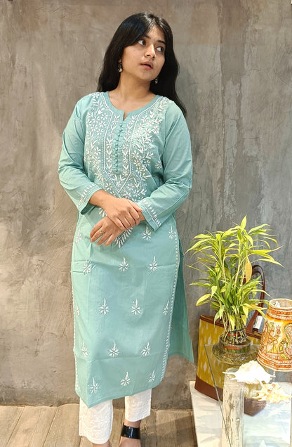 Soft Teal Cotton Chikankari Long Kurti