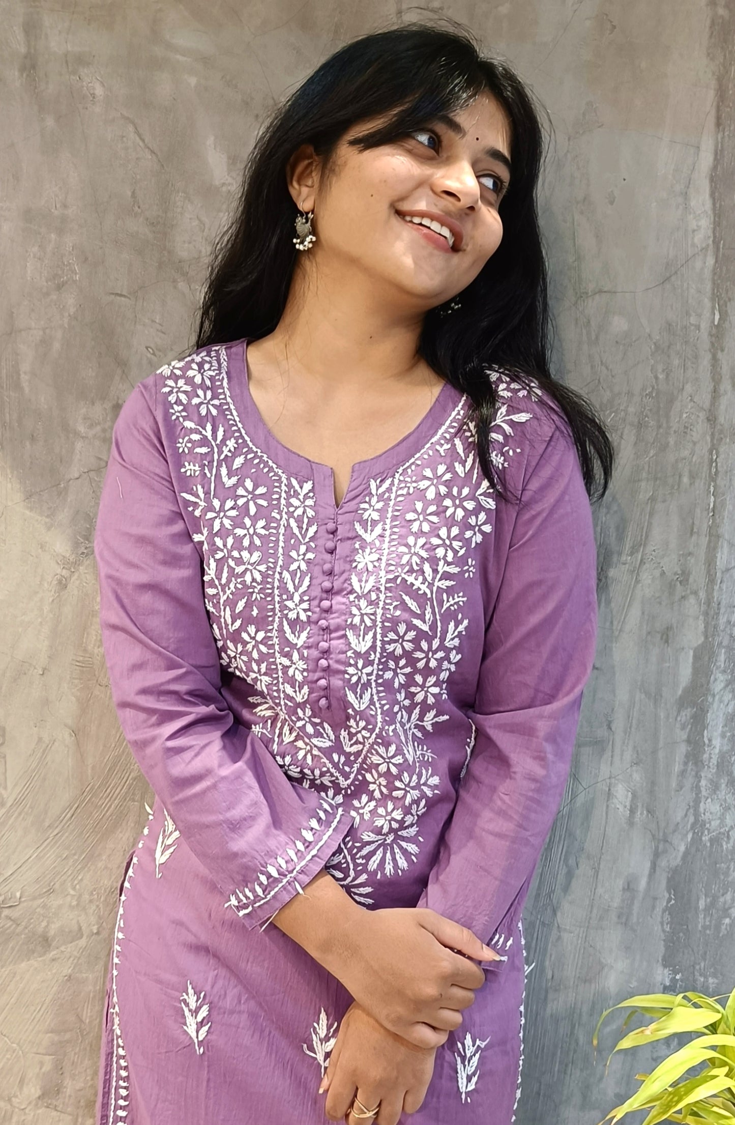 Lavender Cotton Chiknkari Long Kurti