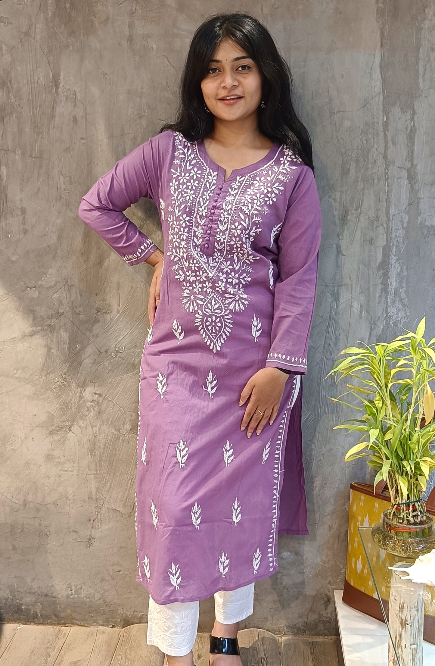 Lavender Cotton Chiknkari Long Kurti