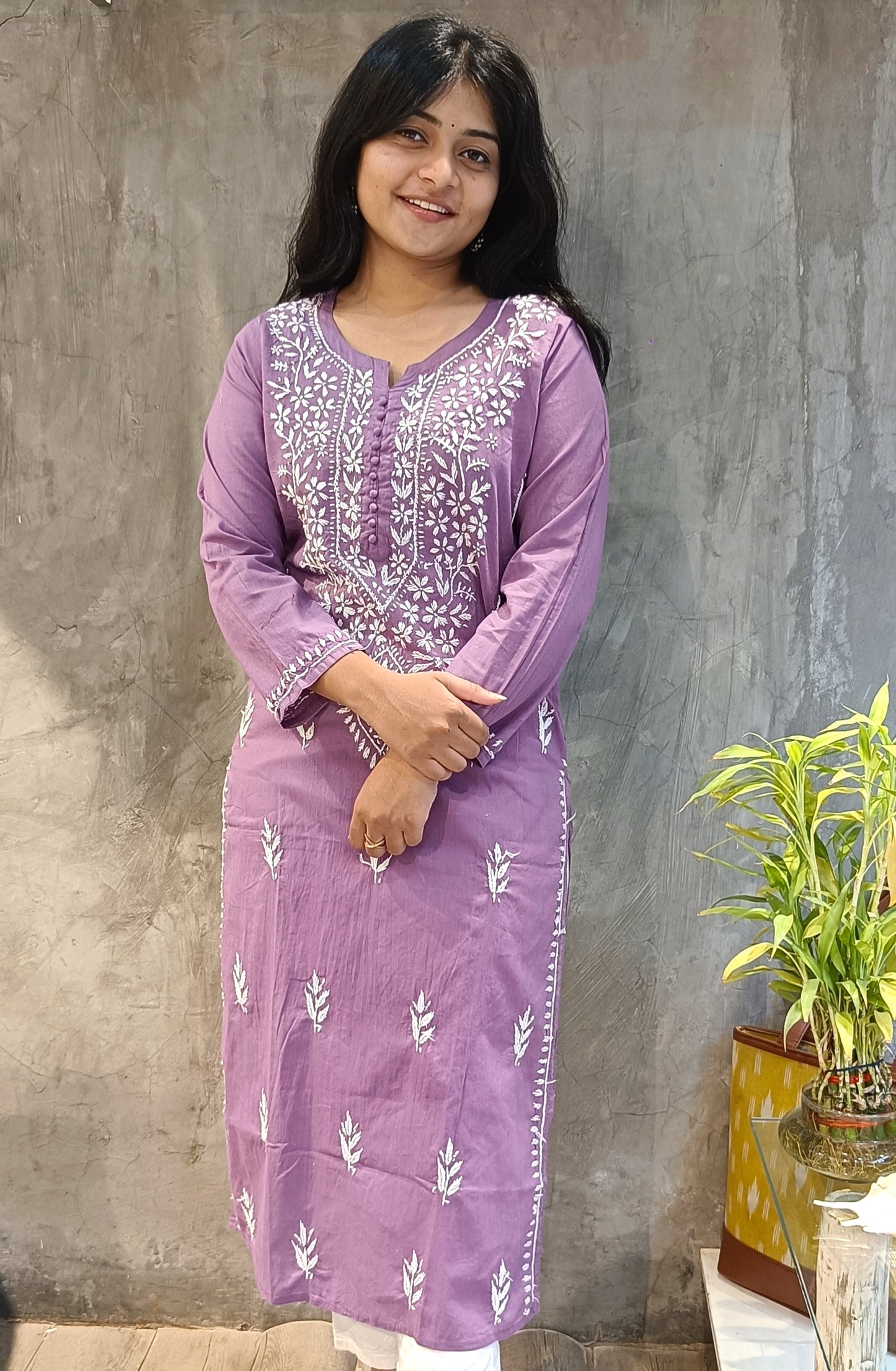 Lavender Cotton Chiknkari Long Kurti
