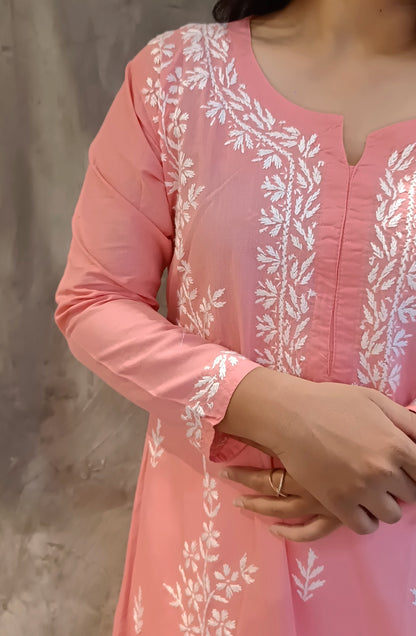 Peach Long Cotton Chikankari Kurti